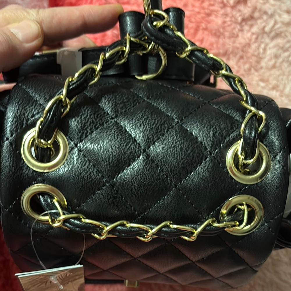 Badgley Mischka Black Quilted Backpack with Gold Accents - Picture 3 of 5